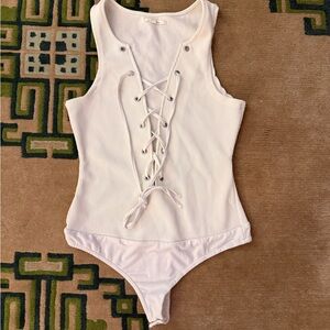 ⚡️Tularosa•White Ribbed•Front Tie Lace-Up Bodysuit